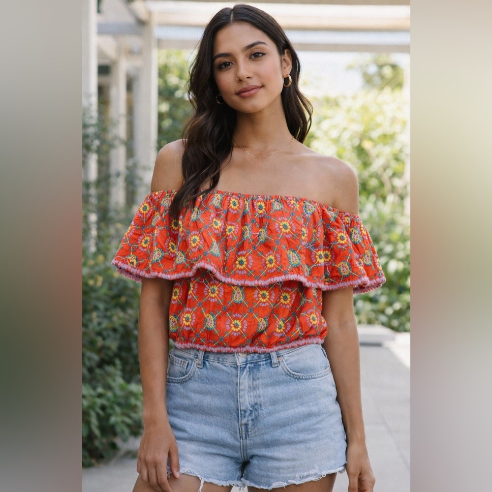 Y2K Topshop Boho Floral Embroidered Off-Shoulder Top Size 8